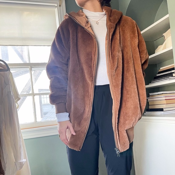 Free People Turn Up Zip Off Hoodie Brown Faux Fur Teddy Jacket - Picture 4 of 13